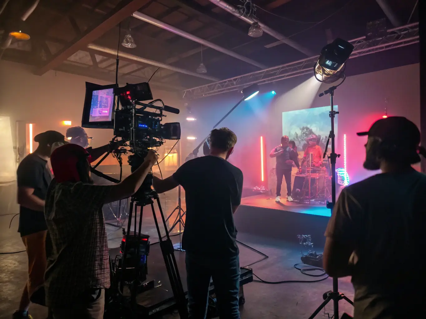 A behind-the-scenes shot of content creators filming videos and designing graphics, highlighting the creative process behind Launchnest's content creation services.